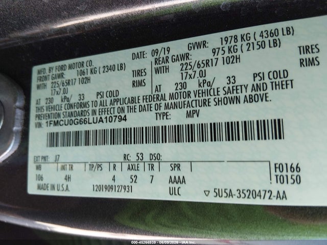 Ford ESCAPE SE 2020 1FMCU0G66LUA10794 Image 9