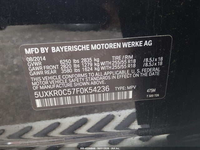 Aukcja sprzedaży 2015 Bmw X5 Xdrive35i, vin: 5UXKR0C57F0K54236, numer aukcji: 45266946