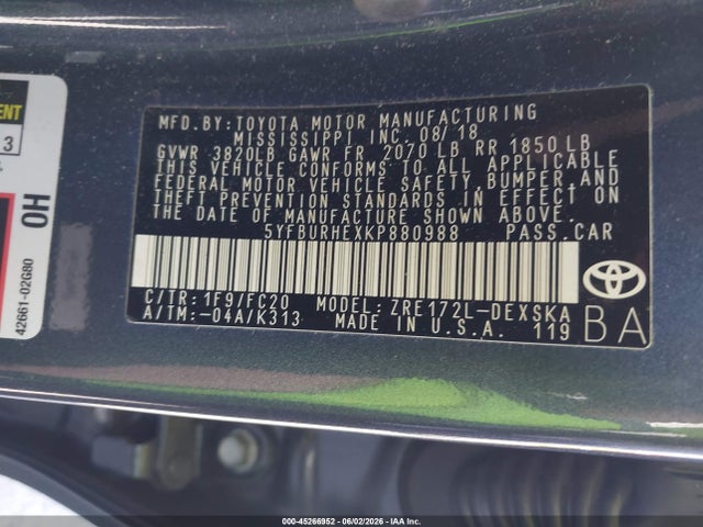 2019 Toyota Corolla Se მანქანა იყიდება აუქციონზე, vin: 5YFBURHEXKP880988, აუქციონის ნომერი: 45266952