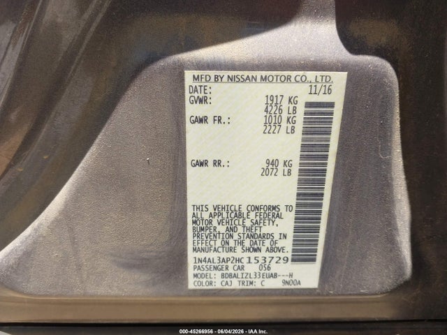 Продажа на аукционе авто 2017 Nissan Altima 2.5 Sv, vin: 1N4AL3AP2HC153729, номер лота: 45266956
