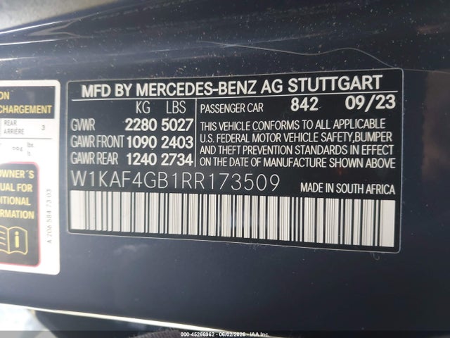 Продажа на аукционе авто 2024 Mercedes-benz C 300, vin: W1KAF4GB1RR173509, номер лота: 45266962