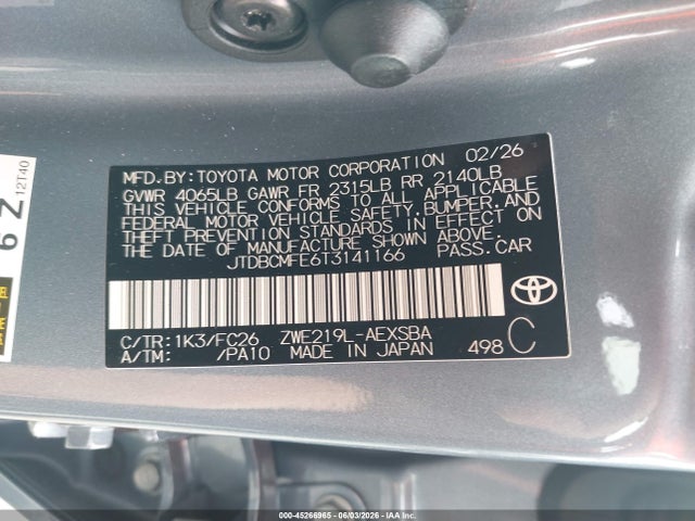 JTDBCMFE6T3141166 Toyota Corolla Hybrid Hybrid Se