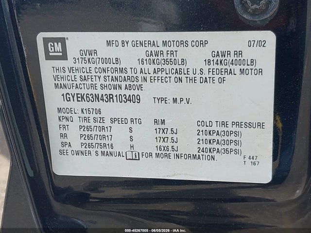 45267005 :رقم المزاد ، 1GYEK63N43R103409 vin ، 2003 Cadillac Escalade Standard مزاد بيع