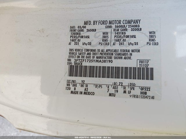 2000 Ford F-150 Work Series/xl/xlt მანქანა იყიდება აუქციონზე, vin: 3FTZF1725YMA38190, აუქციონის ნომერი: 45267014