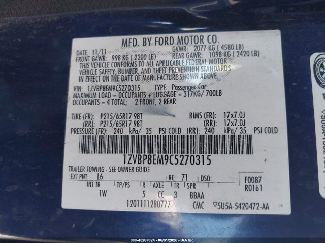 Aukcja sprzedaży 2012 Ford Mustang V6, vin: 1ZVBP8EM9C5270315, numer aukcji: 45267024