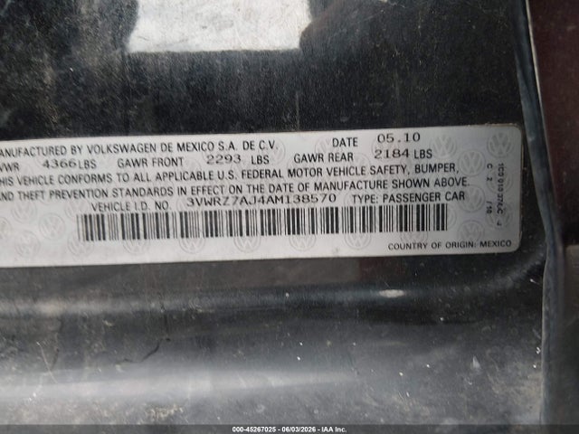 Aukcja sprzedaży 2010 Volkswagen Jetta Limited Edition, vin: 3VWRZ7AJ4AM138570, numer aukcji: 45267025