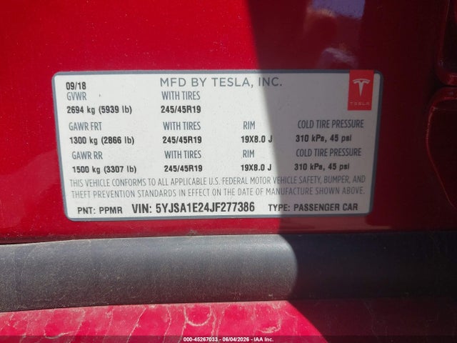 Aukcja sprzedaży 2018 Tesla Model S 100d/75d/p100d, vin: 5YJSA1E24JF277386, numer aukcji: 45267033