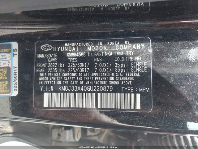 Продажа на аукционе авто 2016 Hyundai Tucson Se, vin: KM8J33A40GU220879, номер лота: 45267040