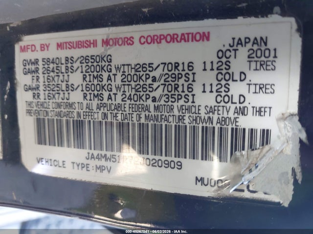 Продаж на аукціоні авто 2002 Mitsubishi Montero Limited, vin: JA4MW51R72J020909, номер лоту: 45267041