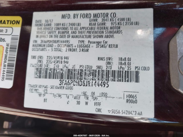 Продажа на аукционе авто 2018 Ford Fusion Se, vin: 3FA6P0HD8JR144495, номер лота: 45267057