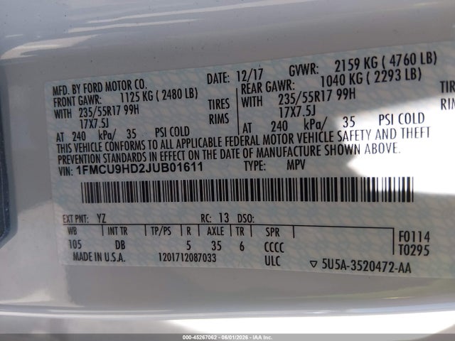 45267062 :رقم المزاد ، 1FMCU9HD2JUB01611 vin ، 2018 Ford Escape Sel مزاد بيع