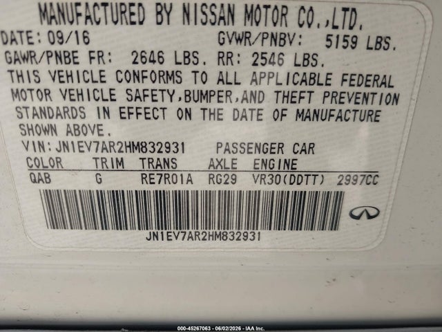 45267063 :رقم المزاد ، JN1EV7AR2HM832931 vin ، 2017 Infiniti Q50 3.0t Premium مزاد بيع