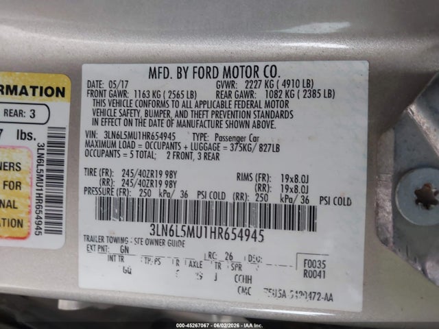 Aukcja sprzedaży 2017 Lincoln Mkz Hybrid Reserve, vin: 3LN6L5MU1HR654945, numer aukcji: 45267067