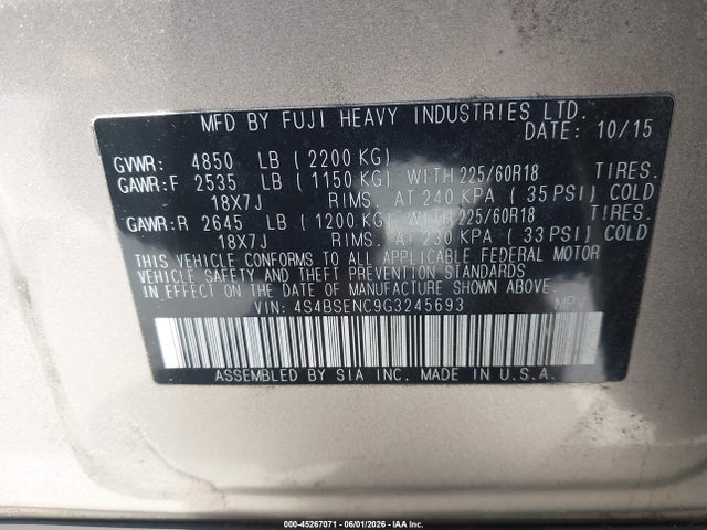45267071 :رقم المزاد ، 4S4BSENC9G3245693 vin ، 2016 Subaru Outback 3.6r Limited مزاد بيع