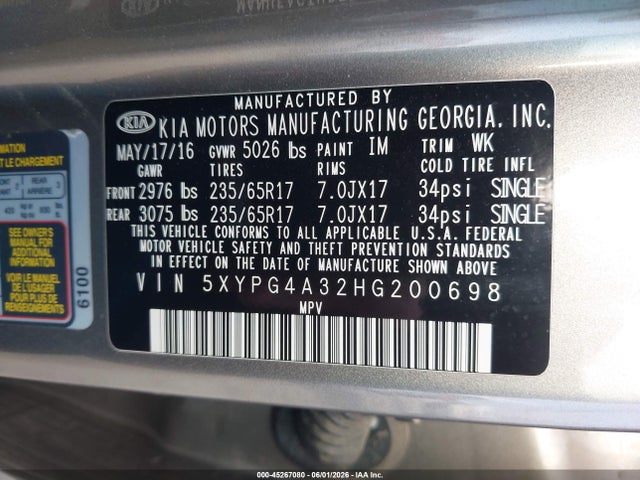 45267080 :رقم المزاد ، 5XYPG4A32HG200698 vin ، 2017 Kia Sorento 2.4l Lx مزاد بيع