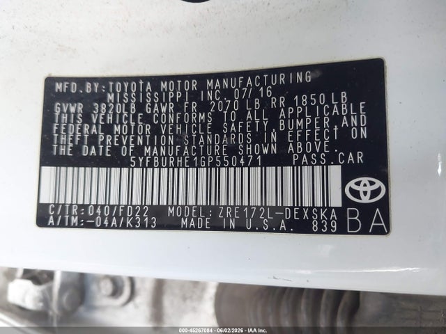 Aukcja sprzedaży 2016 Toyota Corolla S Plus, vin: 5YFBURHE1GP550471, numer aukcji: 45267084