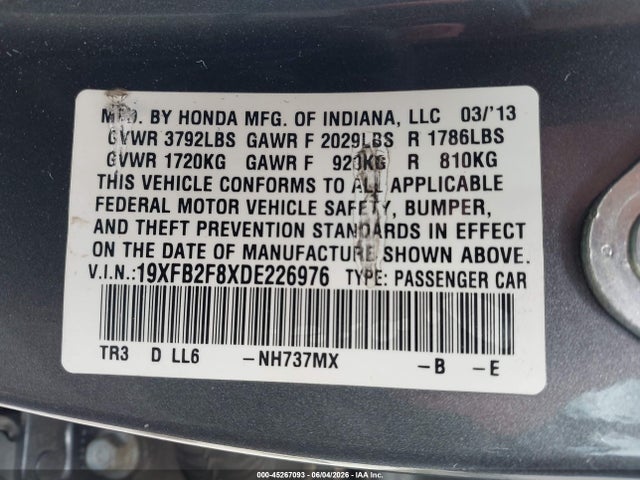 Продажа на аукционе авто 2013 Honda Civic Ex, vin: 19XFB2F8XDE226976, номер лота: 45267093