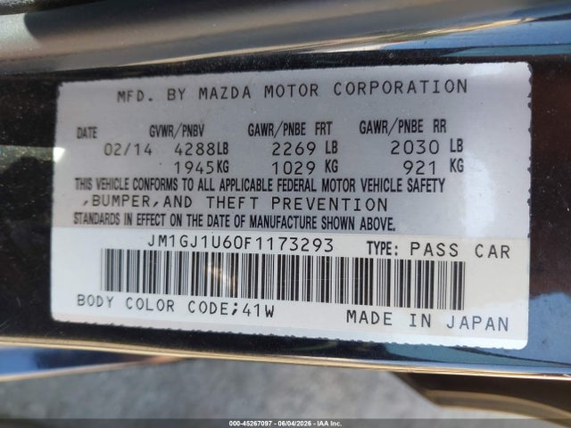 2015 Mazda Mazda6 I Sport მანქანა იყიდება აუქციონზე, vin: JM1GJ1U60F1173293, აუქციონის ნომერი: 45267097
