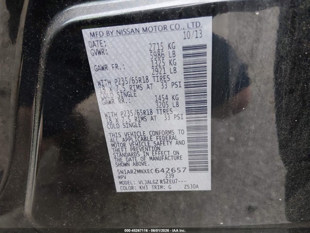 2014 Nissan Pathfinder Sl მანქანა იყიდება აუქციონზე, vin: 5N1AR2MNXEC642657, აუქციონის ნომერი: 45267116