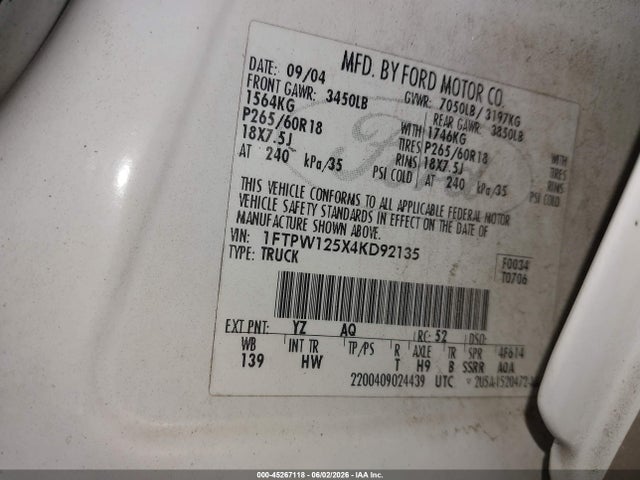 Aukcja sprzedaży 2004 Ford F-150 Lariat/xlt, vin: 1FTPW125X4KD92135, numer aukcji: 45267118