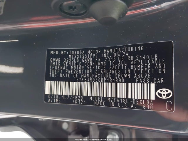 Aukcja sprzedaży 2024 Toyota Corolla Le, vin: 5YFB4MDE0RP181890, numer aukcji: 45267123