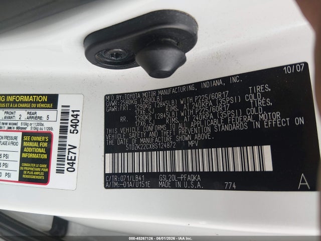 Aukcja sprzedaży 2008 Toyota Sienna Limited, vin: 5TDZK22CX8S124872, numer aukcji: 45267126