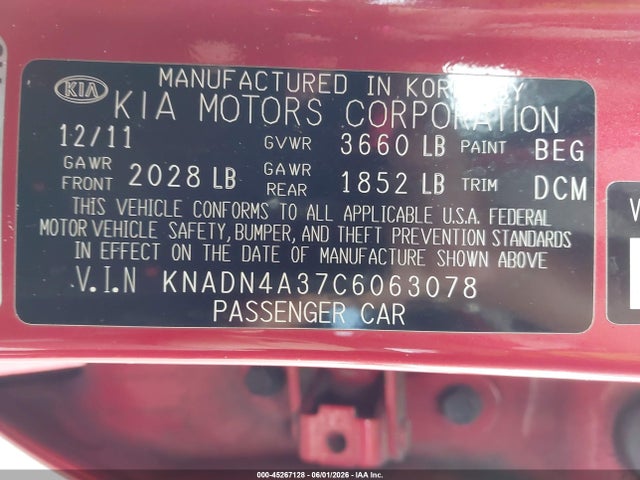 Aukcja sprzedaży 2012 Kia Rio Ex, vin: KNADN4A37C6063078, numer aukcji: 45267128
