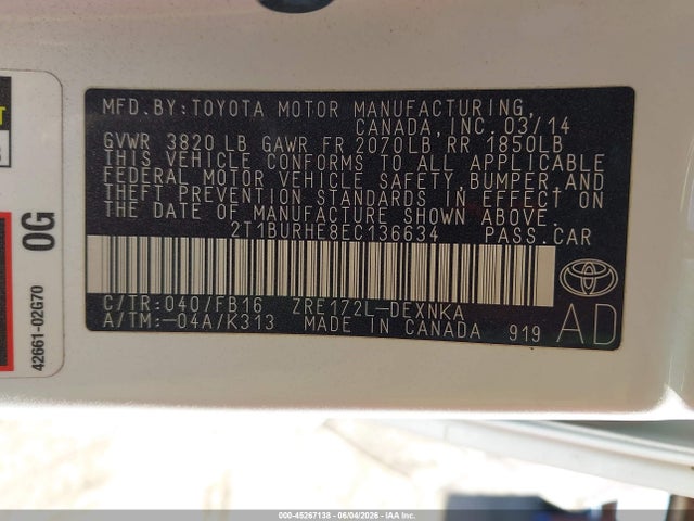 Продаж на аукціоні авто 2014 Toyota Corolla Le, vin: 2T1BURHE8EC136634, номер лоту: 45267138