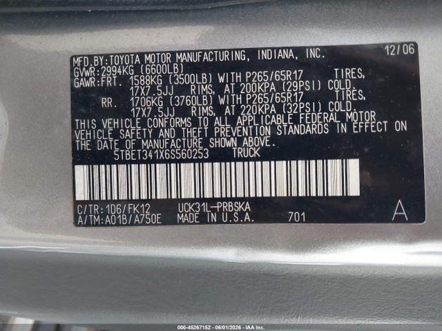 Aukcja sprzedaży 2006 Toyota Tundra Sr5 V8, vin: 5TBET341X6S560253, numer aukcji: 45267152