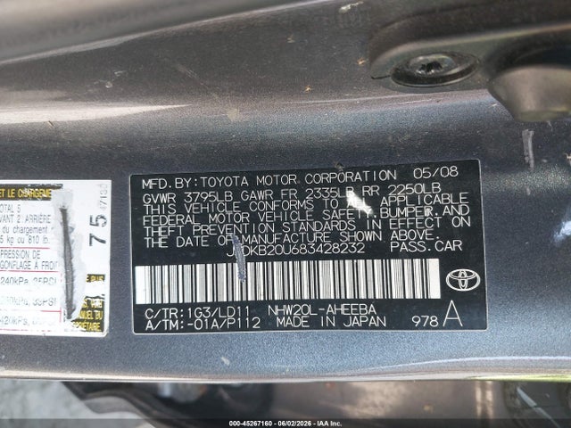 45267160 :رقم المزاد ، JTDKB20U683428232 vin ، 2008 Toyota Prius مزاد بيع