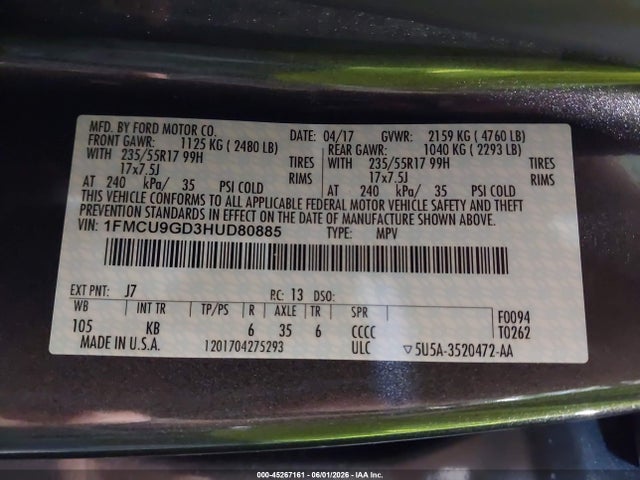 Продаж на аукціоні авто 2017 Ford Escape Se, vin: 1FMCU9GD3HUD80885, номер лоту: 45267161