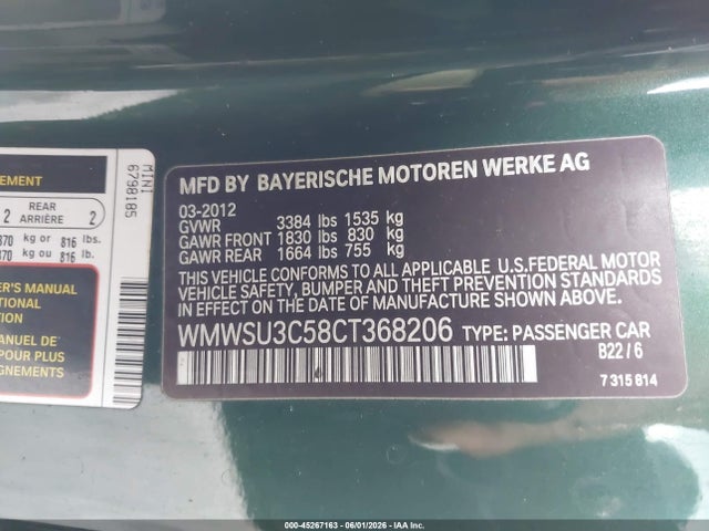 Auction sale of the 2012 Mini Cooper, vin: WMWSU3C58CT368206, lot number: 45267163