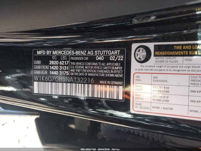 Продажа на аукционе авто 2022 Mercedes-benz S 580 4matic, vin: W1K6G7GB5NA132216, номер лота: 45267166