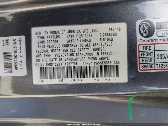 Продажа на аукционе авто 2015 Honda Accord Ex-l V-6, vin: 1HGCT2B8XFA007755, номер лота: 45267182