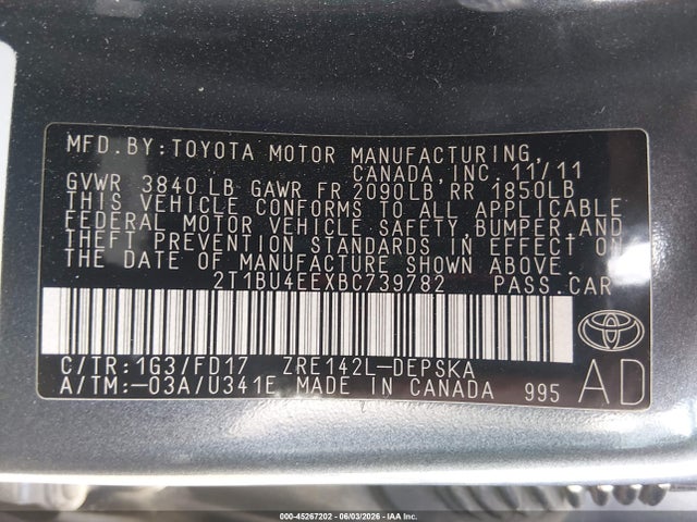 Aukcja sprzedaży 2011 Toyota Corolla S, vin: 2T1BU4EEXBC739782, numer aukcji: 45267202