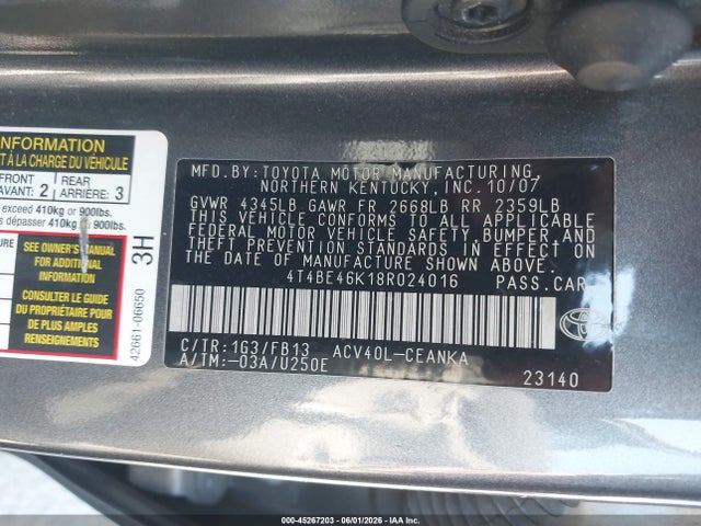 Aukcja sprzedaży 2008 Toyota Camry Le, vin: 4T4BE46K18R024016, numer aukcji: 45267203