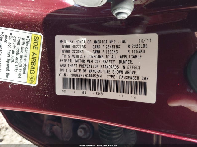 45267206 :رقم المزاد ، 19UUA9F5XCA005244 vin ، 2012 Acura Tl 3.7 مزاد بيع