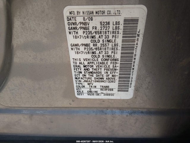 2009 Nissan Murano Sl მანქანა იყიდება აუქციონზე, vin: JN8AZ18W89W213382, აუქციონის ნომერი: 45267207