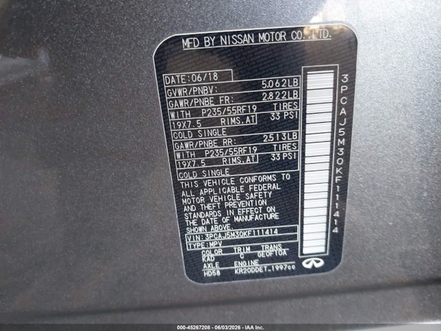 Aukcja sprzedaży 2019 Infiniti Qx50 Essential, vin: 3PCAJ5M30KF111414, numer aukcji: 45267208