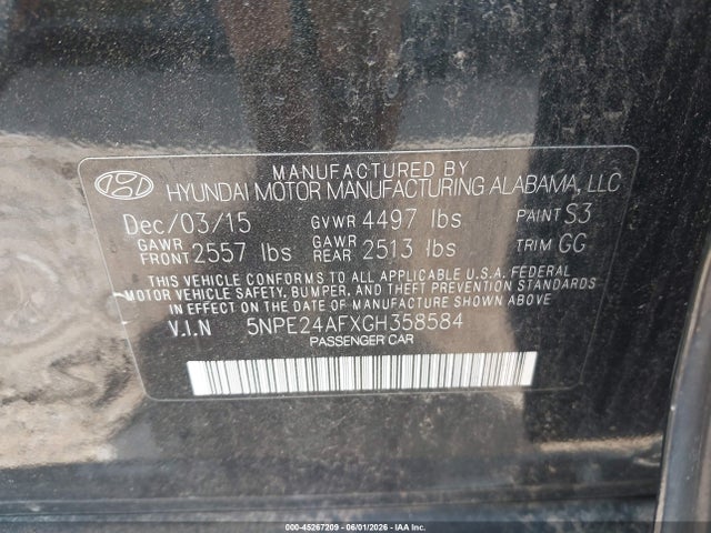 2016 Hyundai Sonata Se მანქანა იყიდება აუქციონზე, vin: 5NPE24AFXGH358584, აუქციონის ნომერი: 45267209