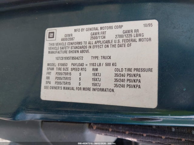 Aukcja sprzedaży 1996 Gmc Sonoma, vin: 1GTCS19X5T8504272, numer aukcji: 45267218