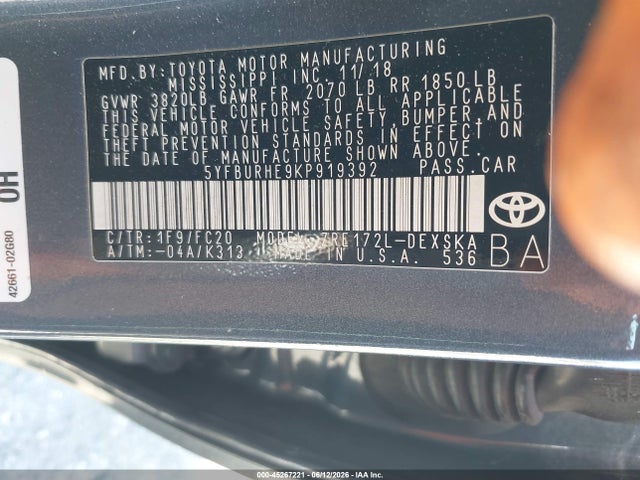 Toyota COROLLA SE 2019 5YFBURHE9KP919392 Image 9