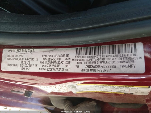 2015 Fiat 500l Lounge მანქანა იყიდება აუქციონზე, vin: ZFBCFACHXFZ033386, აუქციონის ნომერი: 45267226