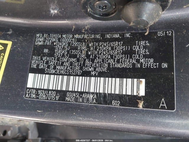 45267227 :رقم المزاد ، 5TDBK3EH6CS152787 vin ، 2012 Toyota Highlander Se V6 مزاد بيع