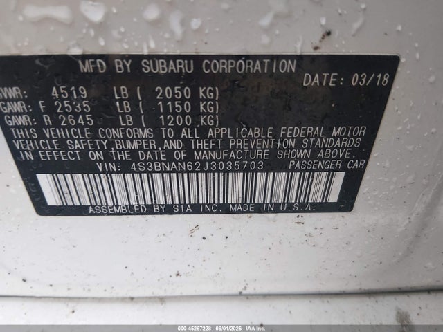 45267228 :رقم المزاد ، 4S3BNAN62J3035703 vin ، 2018 Subaru Legacy 2.5i Limited مزاد بيع