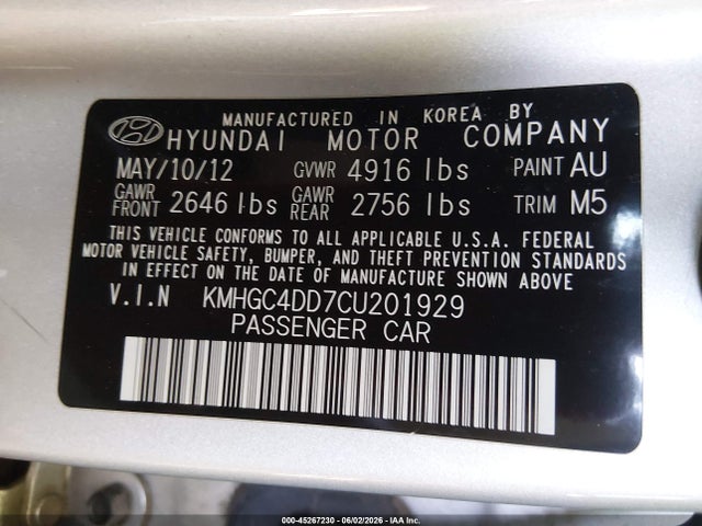 Aukcja sprzedaży 2012 Hyundai Genesis 3.8, vin: KMHGC4DD7CU201929, numer aukcji: 45267230