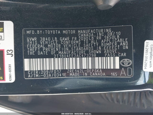 45267234 :رقم المزاد ، 2T1BU4EE2AC473298 vin ، 2010 Toyota Corolla S مزاد بيع