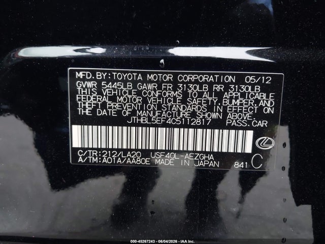 Aukcja sprzedaży 2012 Lexus Ls 460, vin: JTHBL5EF4C5112817, numer aukcji: 45267243