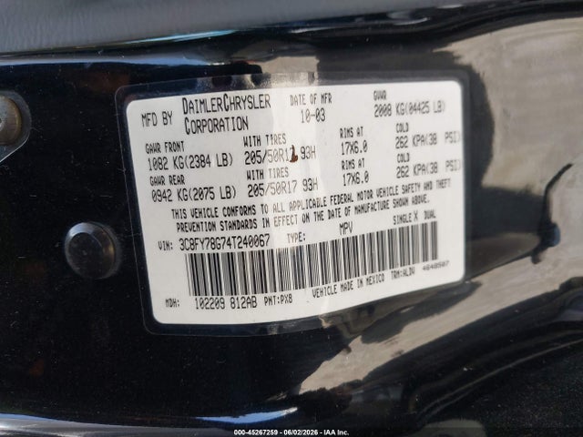 Продажа на аукционе авто 2004 Chrysler Pt Cruiser Gt, vin: 3C8FY78G74T240067, номер лота: 45267259