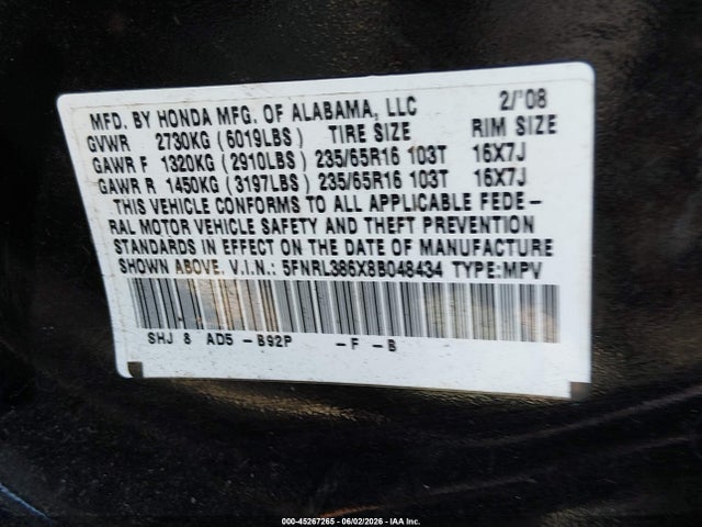 2008 Honda Odyssey Ex-l მანქანა იყიდება აუქციონზე, vin: 5FNRL386X8B048434, აუქციონის ნომერი: 45267265